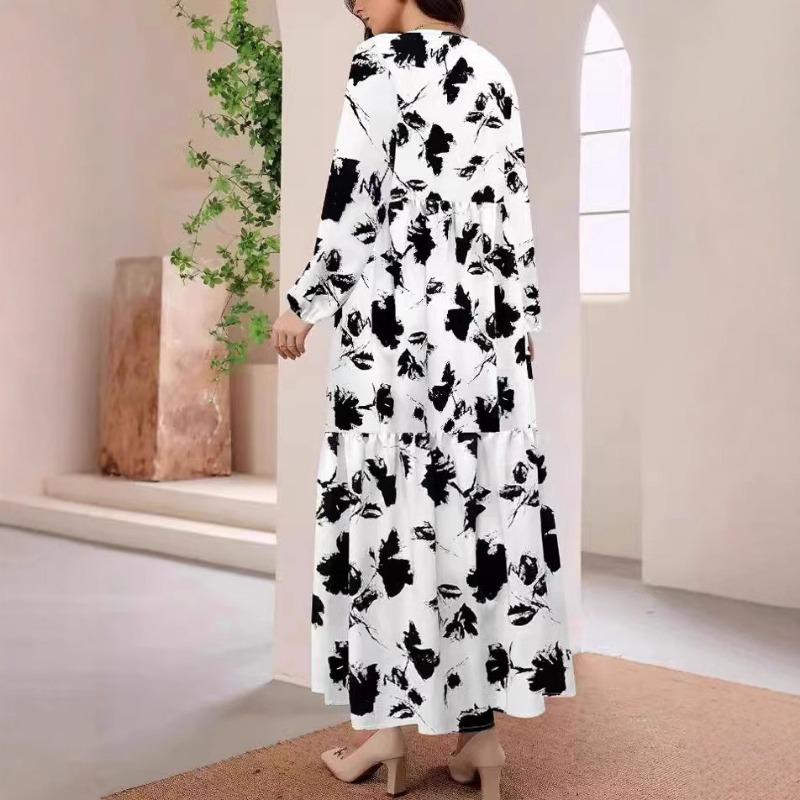Women's Fashion Casual Printed Round Neck Long Sleeve Skirt Ladies Long Skirt Elegant Straight Dress