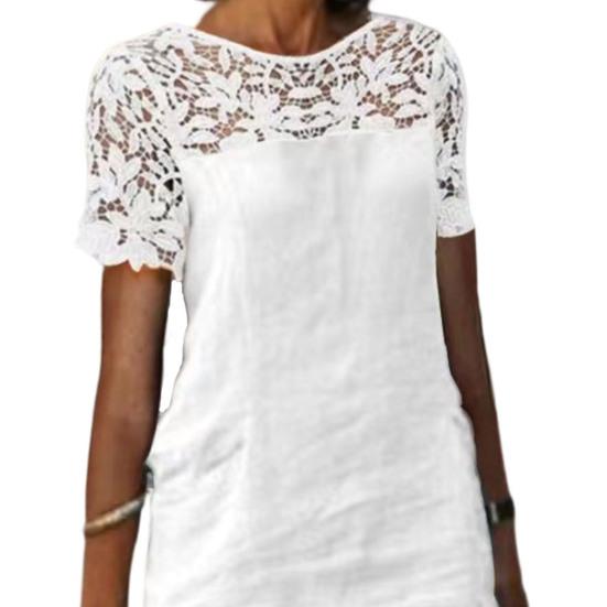 Damen Sommerkleid Aushöhlen Spitze Nähte Kurzarm Einfarbig Locker Täglich