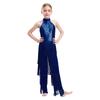 Mädchen Halter Ärmellos Rückenfrei Pailletten Stufig Quaste Tanz Jumpsuit Cha cha Latein Kostüm
