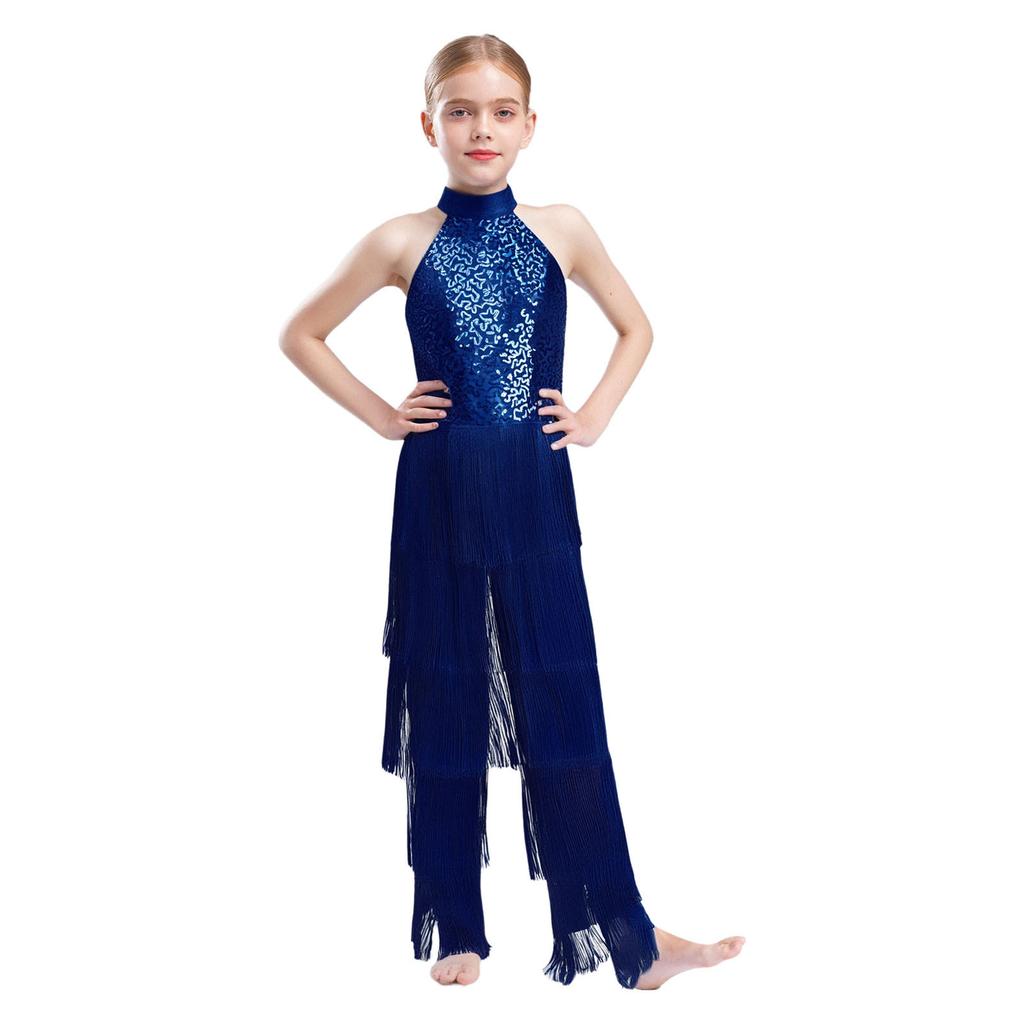 Mädchen Halter Ärmellos Rückenfrei Pailletten Stufig Quaste Tanz Jumpsuit Cha cha Latein Kostüm