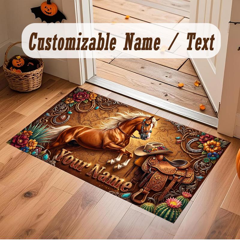 Horse Theme Soft Crystal Velvet Rug Custom Name & Text Print Non Slip Floor Rug for Bedroom Living Room