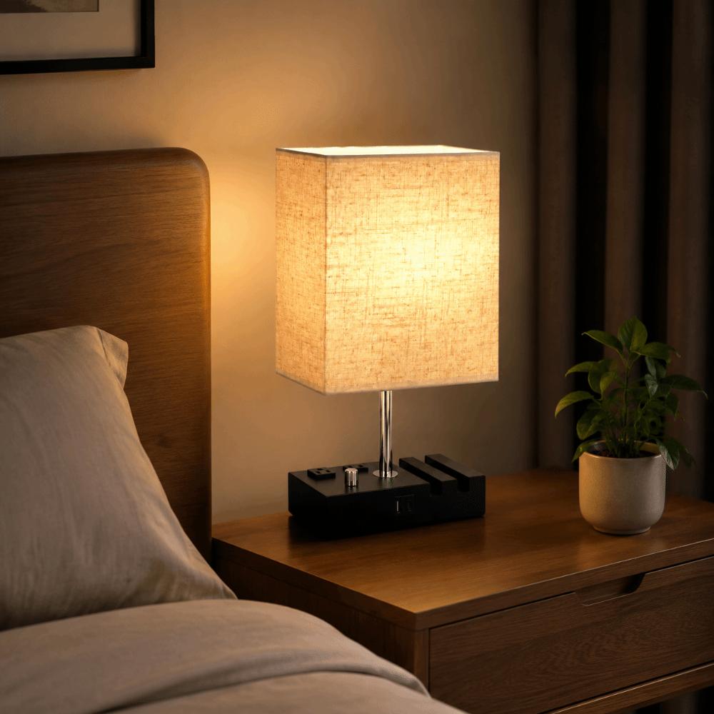 Fabric Lampshade LED Desk Light Warm White LED Bulb Table Lamp Eye-Caring Desk Light Bedroom