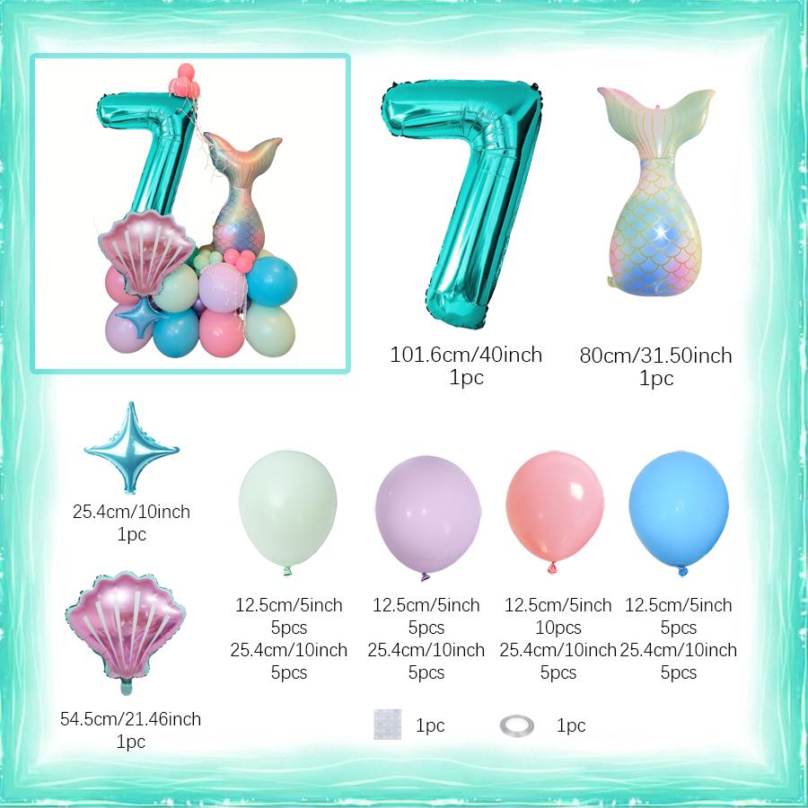 Mermaid Shell Themed Balloon Set with Numbers 1-9th Blue Purple Pink Latex Foil Balloons for Girl Princess Birthday Party Decor