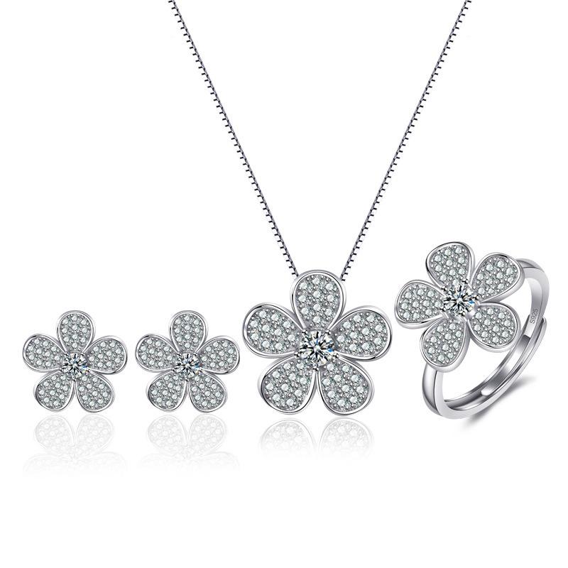 2025 Inlaid Zircon Flower Necklace, Women's Collarbone Chain, Simple, Light Luxury, Niche Pendant, Fresh Three Piece Set, Versatile Accessory