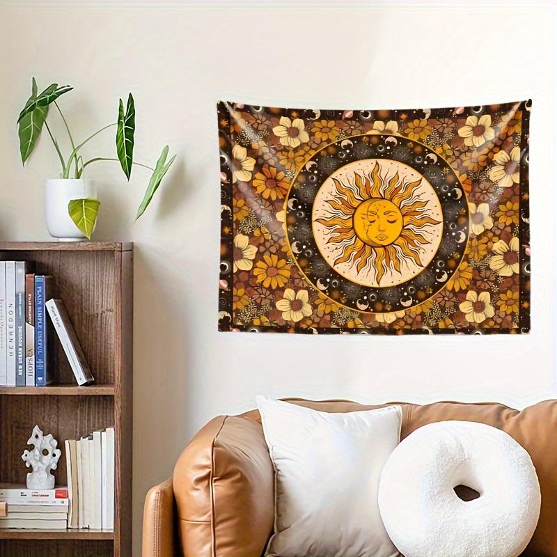1 Bohemian Sun and Moon Tapestry with Floral and Celestial Patterns - Vintage Wall Hanging for Bedroom, Dorm, Polyester Fabric