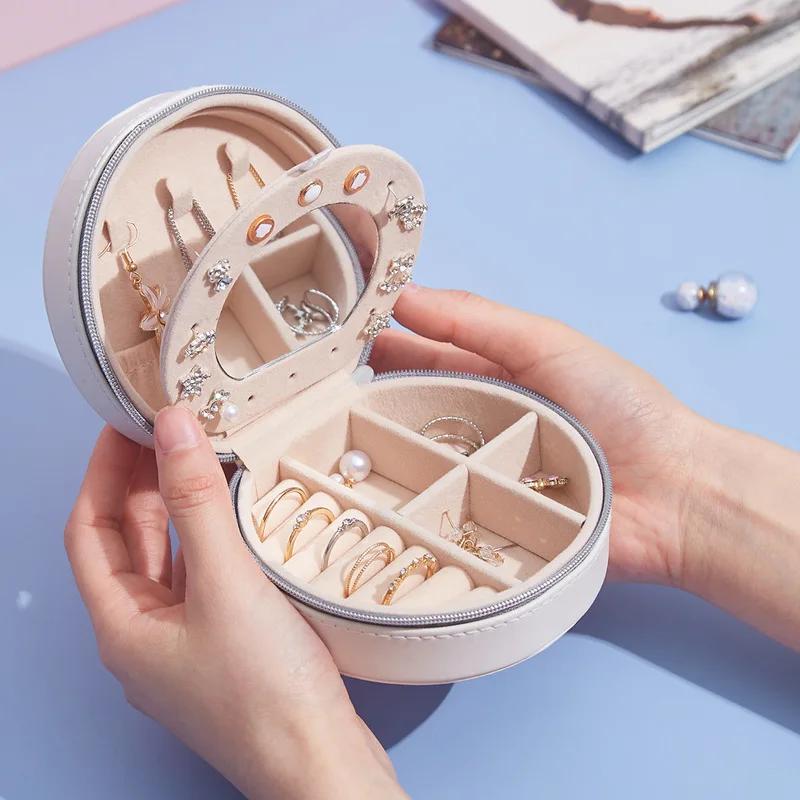 Simple Fashion Solid Color Small PU Leather Jewelry Box Circle Shaped Jewelry Box Earrings Jewelry Earrings Necklace Storage Box