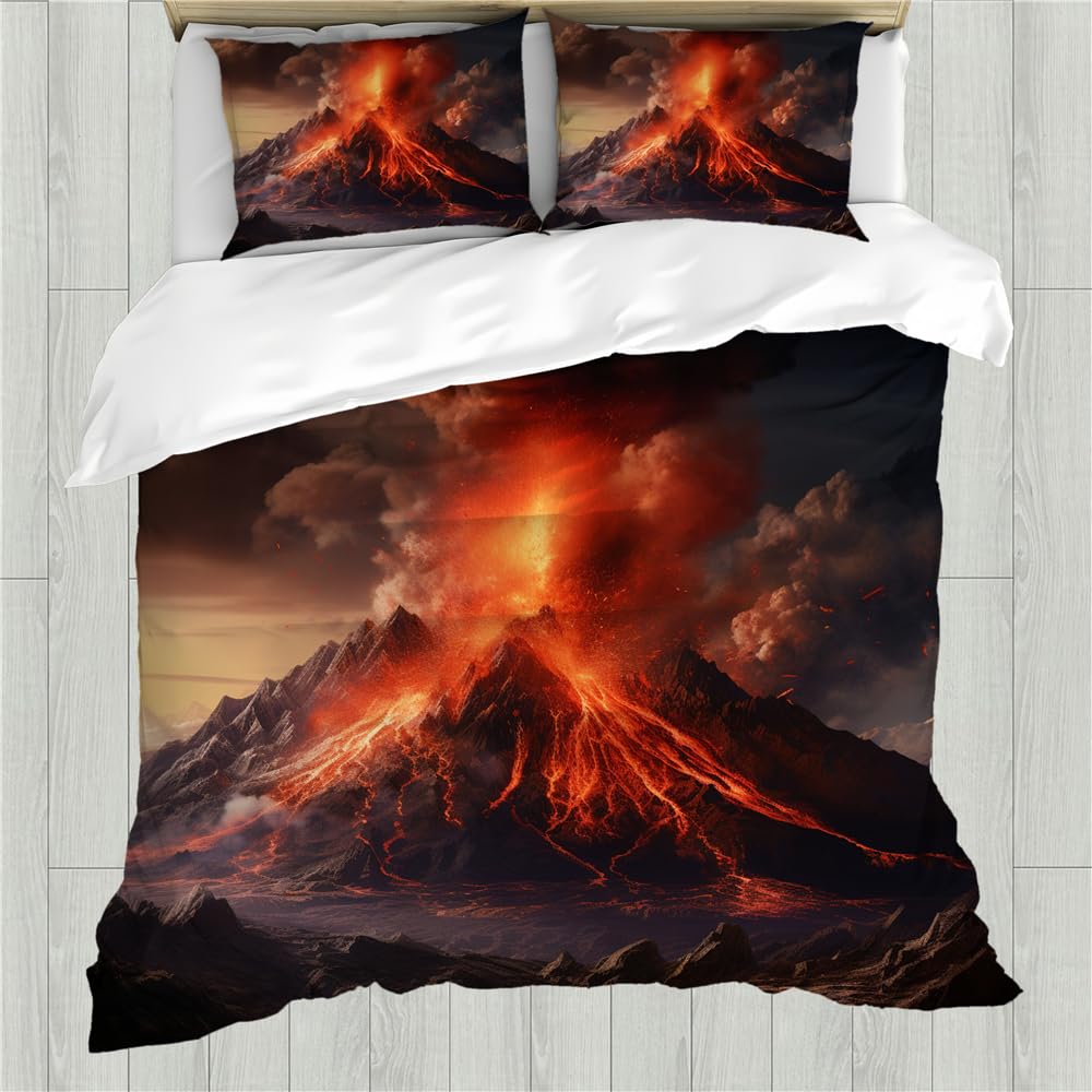 Volcano Duvet Cover Set Volcanic Eruption Pattern Bedding Set Fire Mountain Comforter Cover Boys Girls Women Men Bedroom Decor