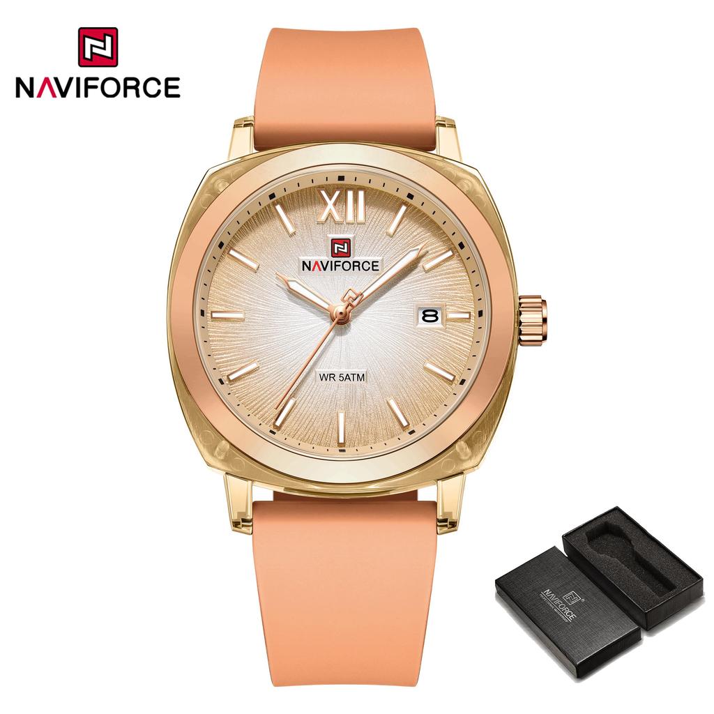 NAVIFORCE Original Calendar Watch for Women Quartz Movement Round Dial Luminous Hands Waterproof Silicone Strap Lady Light Watch NF6111