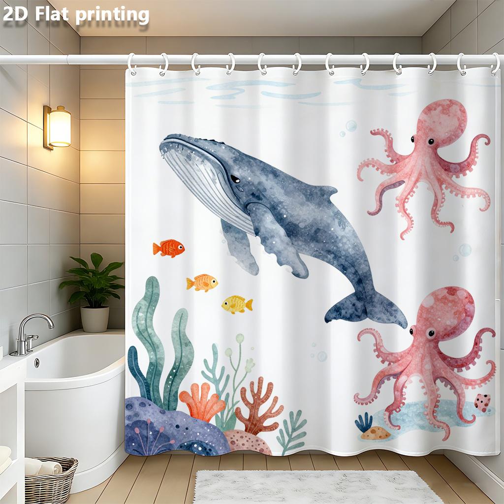 Underwater Ocean Animals Whale Octopus Fish Shower Curtain Machine Washable All Season Waterproof Privacy Protection 12 Hooks
