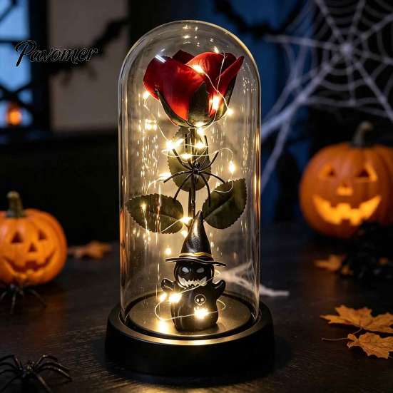 Spider Theme Party Props Halloween Indoor Light Up Rose In Plastic Dome Cloche, Artificial Preserved Decorative Glass Cloche Display Night with