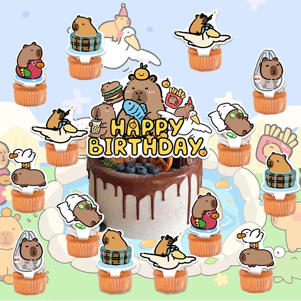 30 stk Capybara Festdekorasjoner Inkluderer en Banner, Kaketopper, Ballonger