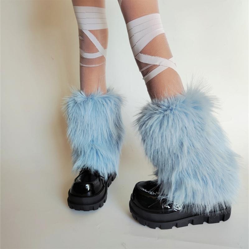 Plush Furry Leg Warmers for Women Cozy Winter Boot Toppers Thermal Warm Blue Fuzzy Foot Covers Footless Socks Gaiters
