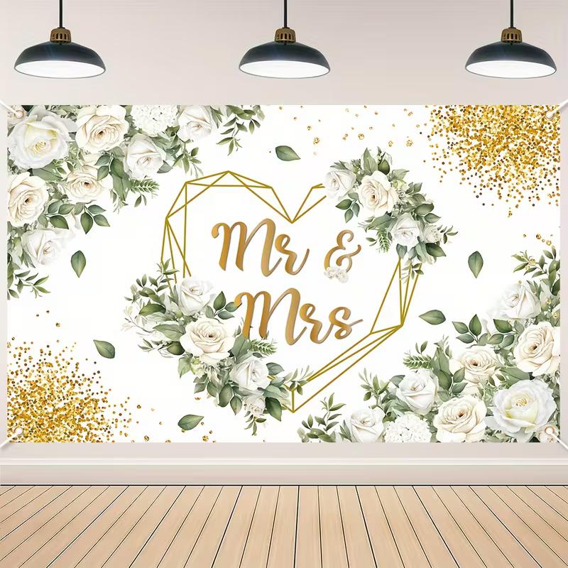

2D Wedding Mr & Mrs Backdrop White Floral Gold Glitter Party Decor Banner 47.2x31.5inch/120*80cm