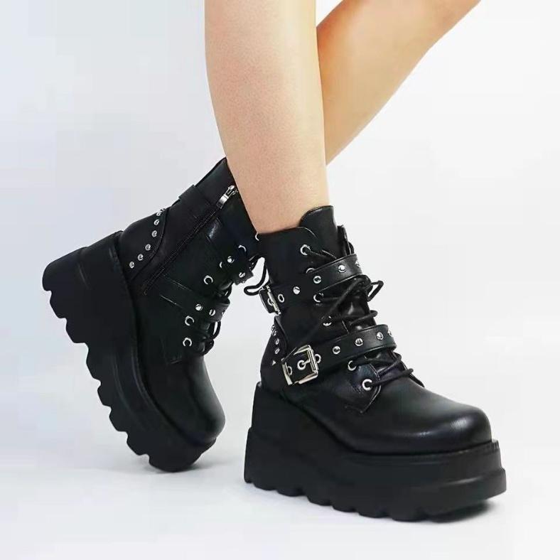 

Woman Motorcycle Platform Boots Gothic Shoes New Women s Pu Leather Ankle Boots Women Autumn Winter Round Toe Lace Up Shoes 35 чёрный