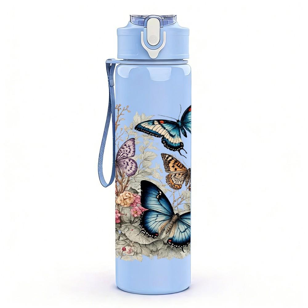 1PC Butterfly Multi Layer Floral Frame Print 750ml Color Plastic Sports Water Bottle Leakproof Flip Straw Lid Suitable for Sports Office Home Use
