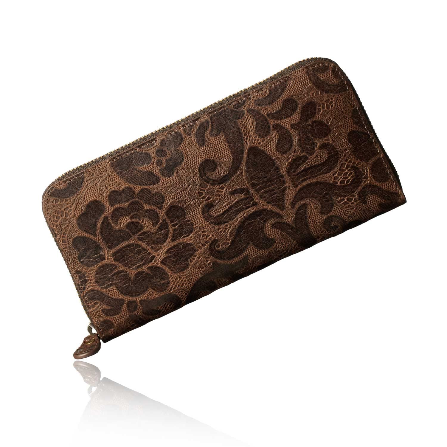 

Made in Italy by Anna Rita Cowhide Lion Wallet Long Wallet Elegant Traditional Floral Pattern Embossed Cards 20 Vertical Storage Present Gift Boxed