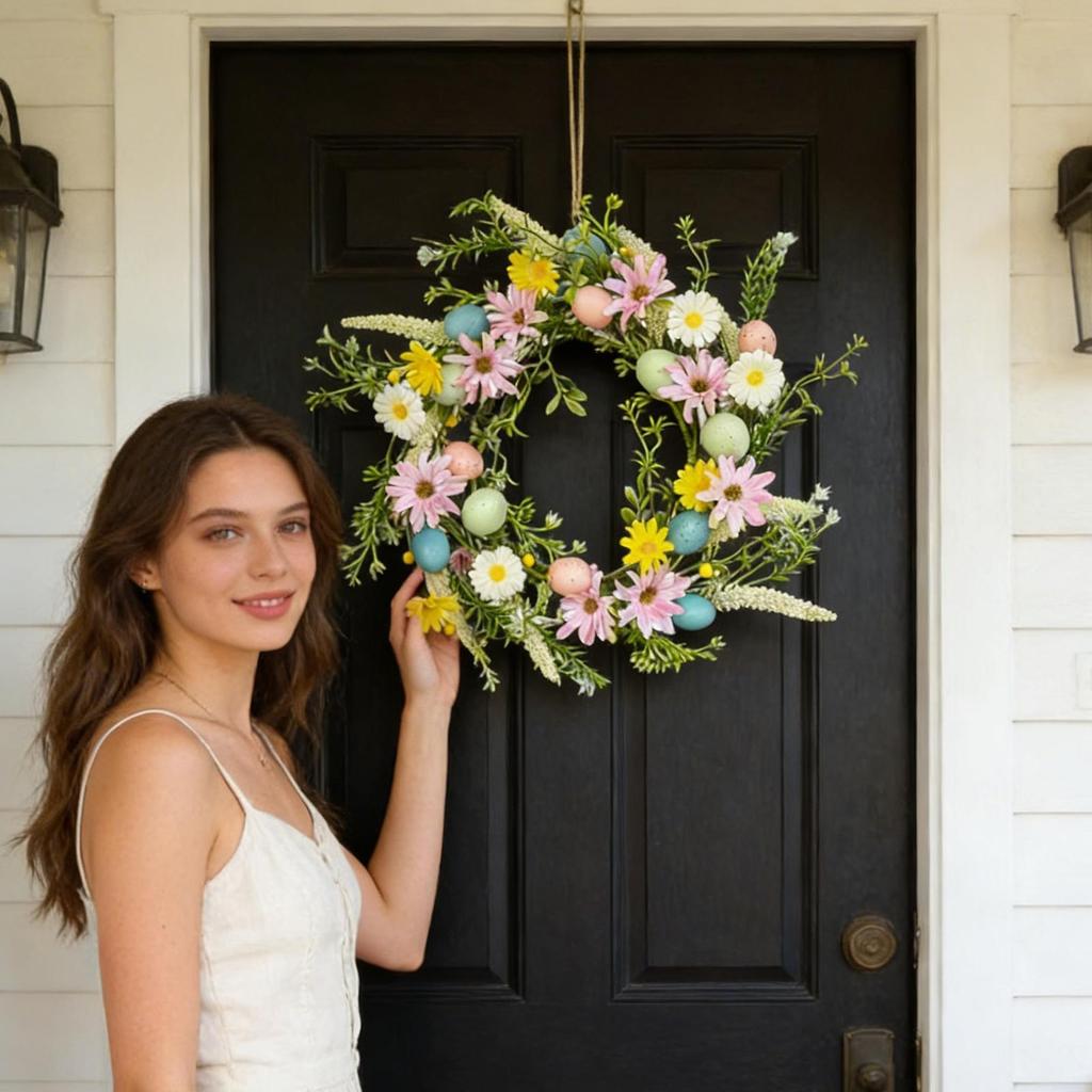 Easter Door Wreath Colorful Realistic Spring Ornament Artificial Easter Garland Door Decor For Indoor Window Mantel Restaurant