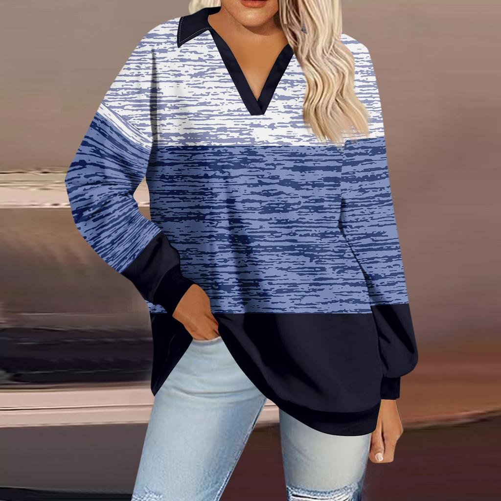 Printed Stripe Fashion Womens V Neck Long Sleeve Loose Pullover Sweatshirt Top