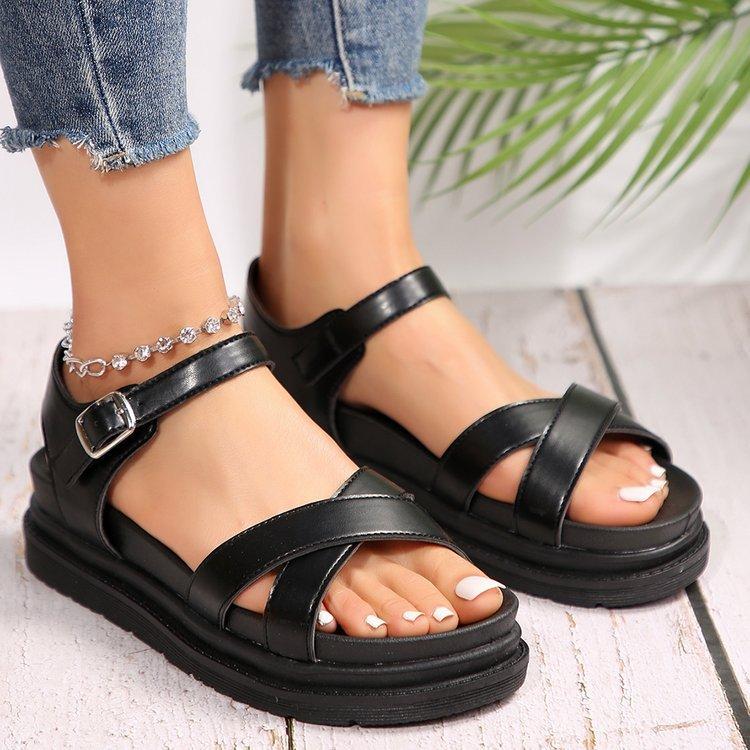 

Жіночі модні сандалі 2024 року, нове жіноче взуття великого розміру на підошві з кексами, повсякденне суцільне взуття з відкритим носком, хрест-навушники 43 чорний