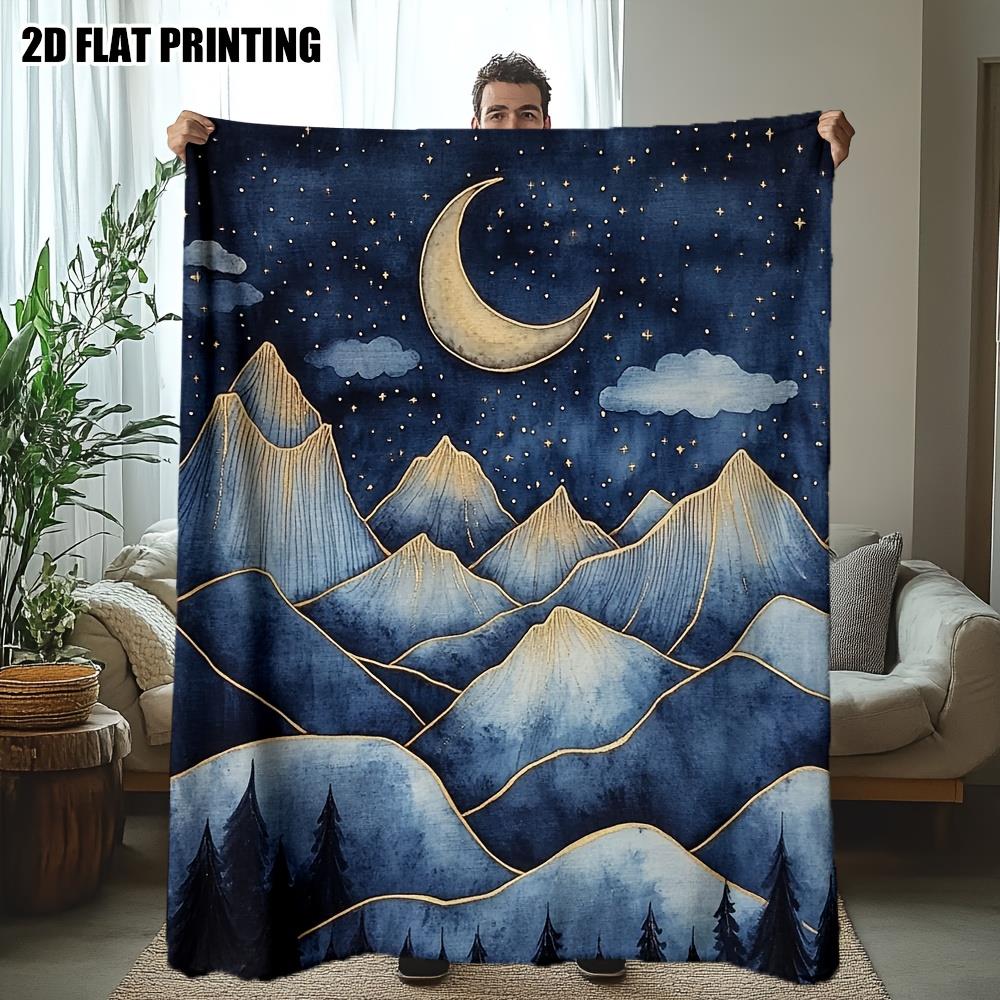 1pc Cozy Mountain Night Sky Throw Blanket - Deep Blue & Golden Night Landscape with Crescent Moon & Stars - Soft Flannel All-Sea 130x150cm51x59in