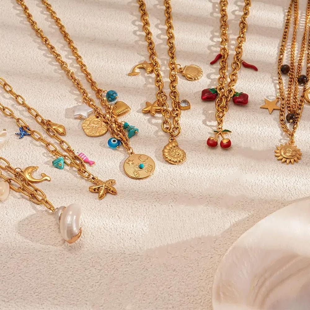 Turquoise Shell Starfish Necklace Titanium Steel Starfish Beach Earrings Women Daily