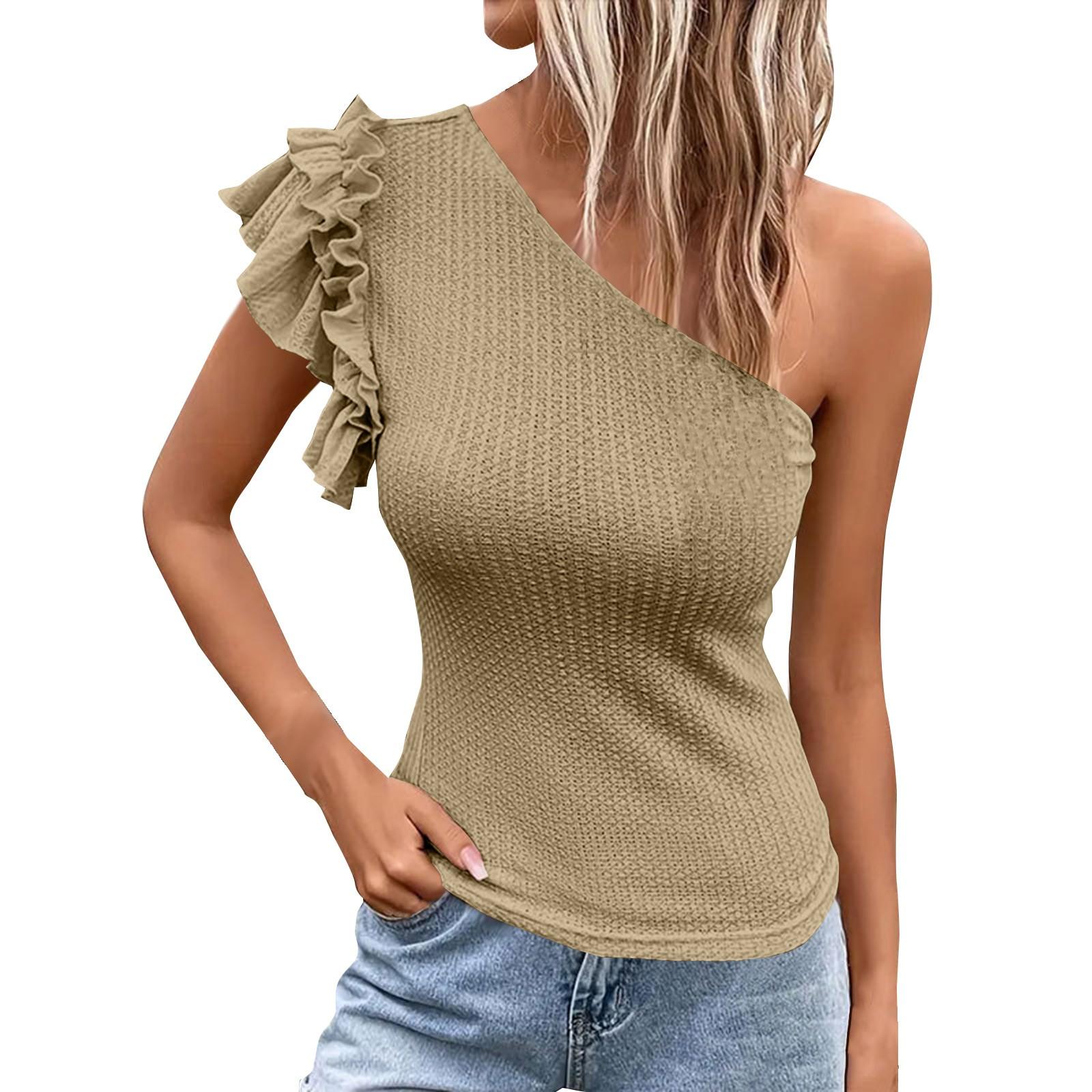 

Женская мода, однотонная, с оборками, на плечах, с наклоном, вязаная повседневная майка без рукавов XL хаки