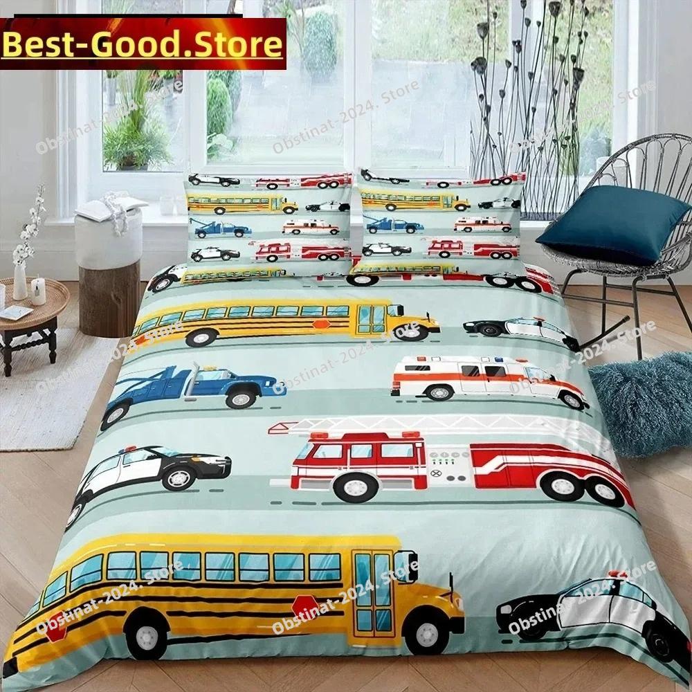 Copripiumino King Queen Auto della Polizia Set Biancheria da Letto Auto Cartone Animato Bambini Ragazzi Blu Grigio Veicoli di Emergenza Copripiumino in Poliestere
