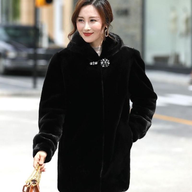 Imitation mink coat women's medium and long winter thickened imitation whole mink fur imitation coat black
