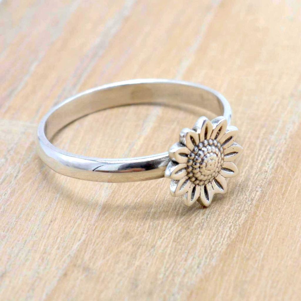 Anillo de plata de ley 925 con girasol, joyería hecha a mano para mujer
