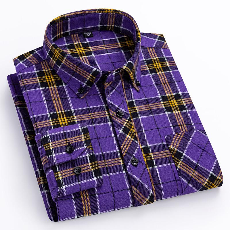 Men's Plus Size Pure Cotton Brushed Plaid Long Sleeve Shirt - Business Casual & Breathable