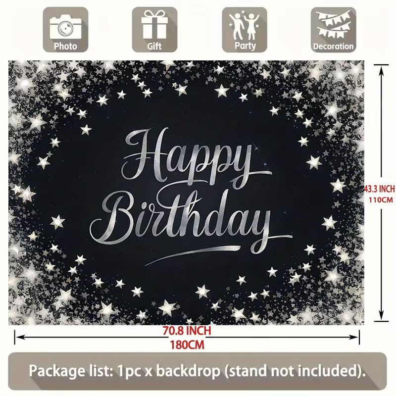 2D Black Silver Simple Birthday Party Photo Backdrop