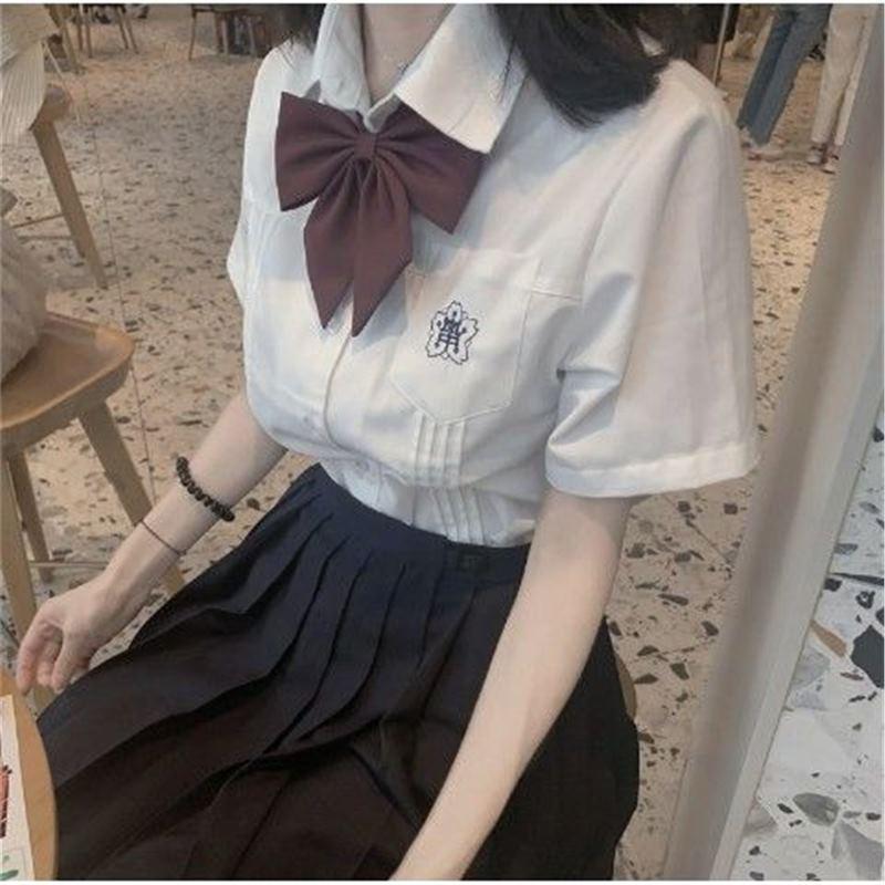 

Xiao Lan s Light Blue Short-Sleeve Accordion Pleated JK Uniform Shirt for Women XL