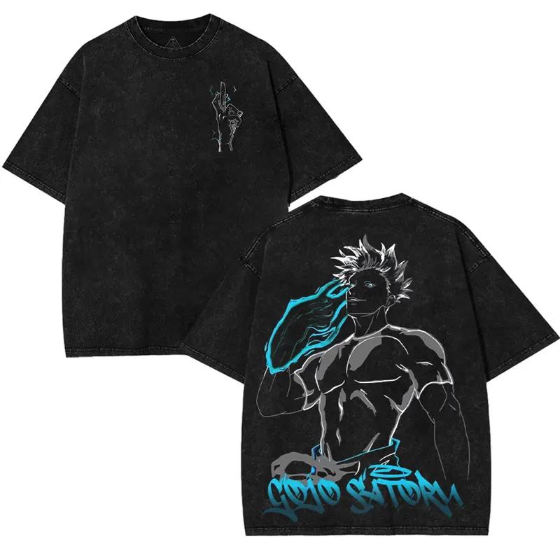 Jujutsu Kaisen Gojo Satoru Graphic T-shirt Manga Print Vintage Washed Oversized T Shirt Men Women Clothing Cotton Male Tee Tops XXL чёрный