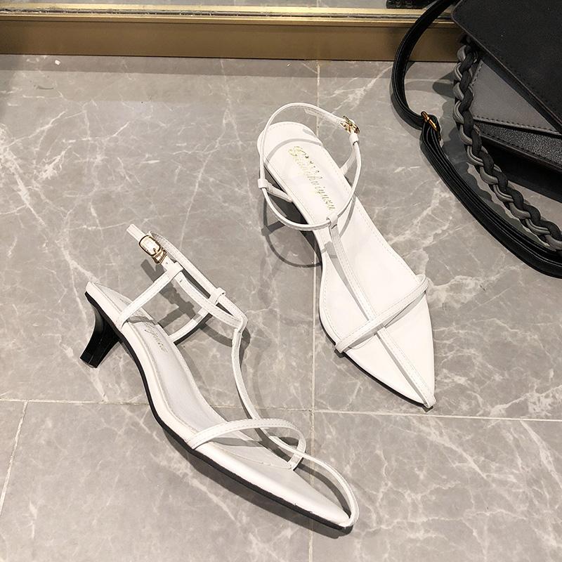 fashion Women Fashion Sandals Thin Low Heels Pointed Open Toe Ankle Strap Dress Shoes Solid Color Summer Ladies Thin Low Heels Sandals