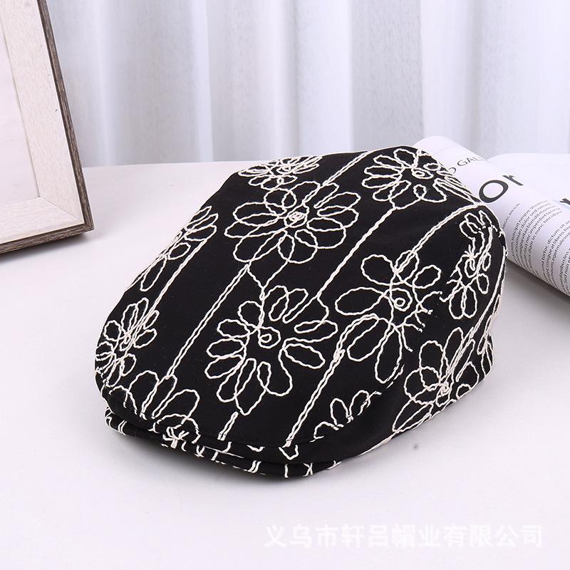 

K-style ins heavy industry retro jacquard stereo flower embroider black forward hat trendy duck tongue beret M（56-58cm） чёрный