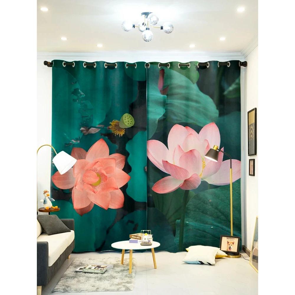 Chinese Lotus Floor-to-ceiling High Shading Curtain Bedroom Living Room Decoration Blackout Curtain Fabric Drape Lotus Style