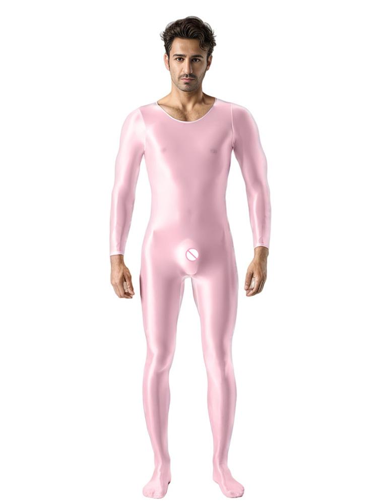 Sexy Men Candy Color Oil Glossy Shiny Shapping Bodysuit Stain Smooth Sheer See Through Sexy Tights Elastic Fitness Leotard