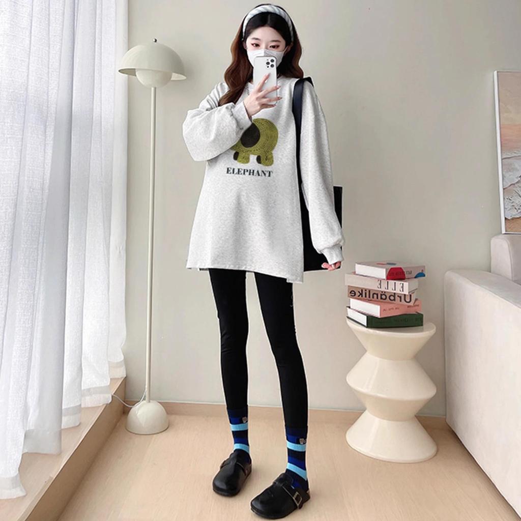 2025 Spring-Autumn Maternity Two-Piece Set: Grey & White Elephant Slit Sweatshirt with Long Sleeves