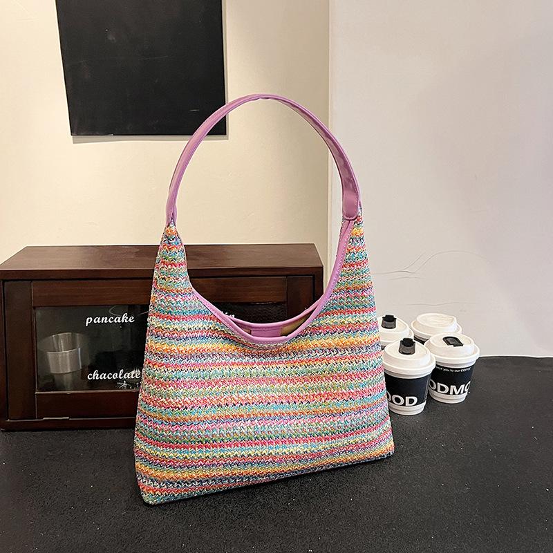 Rainbow Straw Shoulder Bag for Women Large Capacity Beach Holiday Style Bag Crossbody Bag
