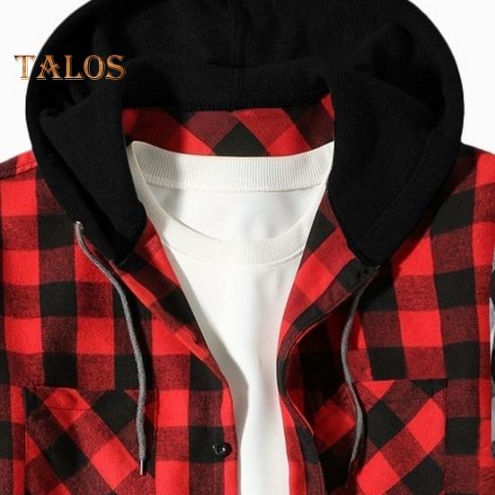 Fall Winter Men Shirt Coat Plaid Print Long Sleeves Chest Pocket Adjustable Drawstring Hood Single-breasted Patchwork Loose Contrast Color Jacket