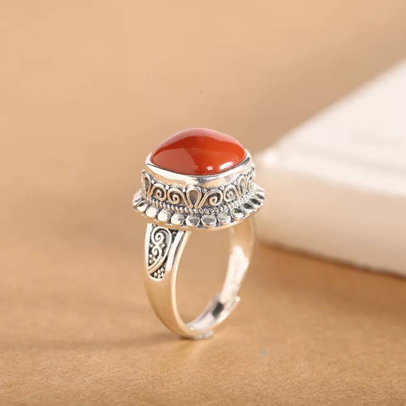 Adjustable Open Ring Women Men Vintage Red Agate Square Geometric Band Minimalist Boho Finger Adjustable Open Band