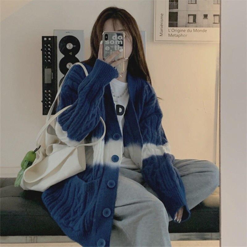 

Винтажный вязаный кардиган, мягкий восковой свитер из жареного теста, женский осенне-зимний свободный кардиган, свитер, пальто, женский One Size синий