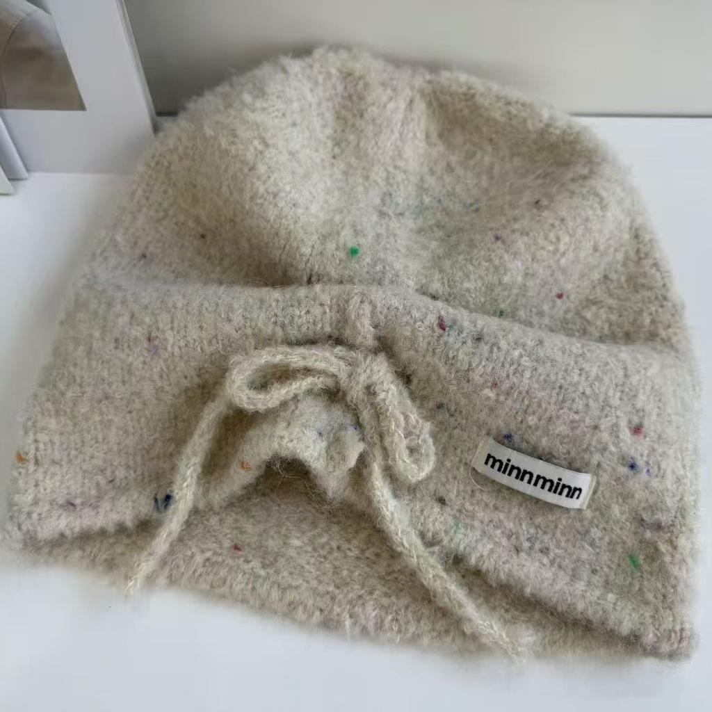 Curling lazy wind outdoor drawstring stacking hat knitted wool pullover hat neat solid color ear protection cold hat bag head