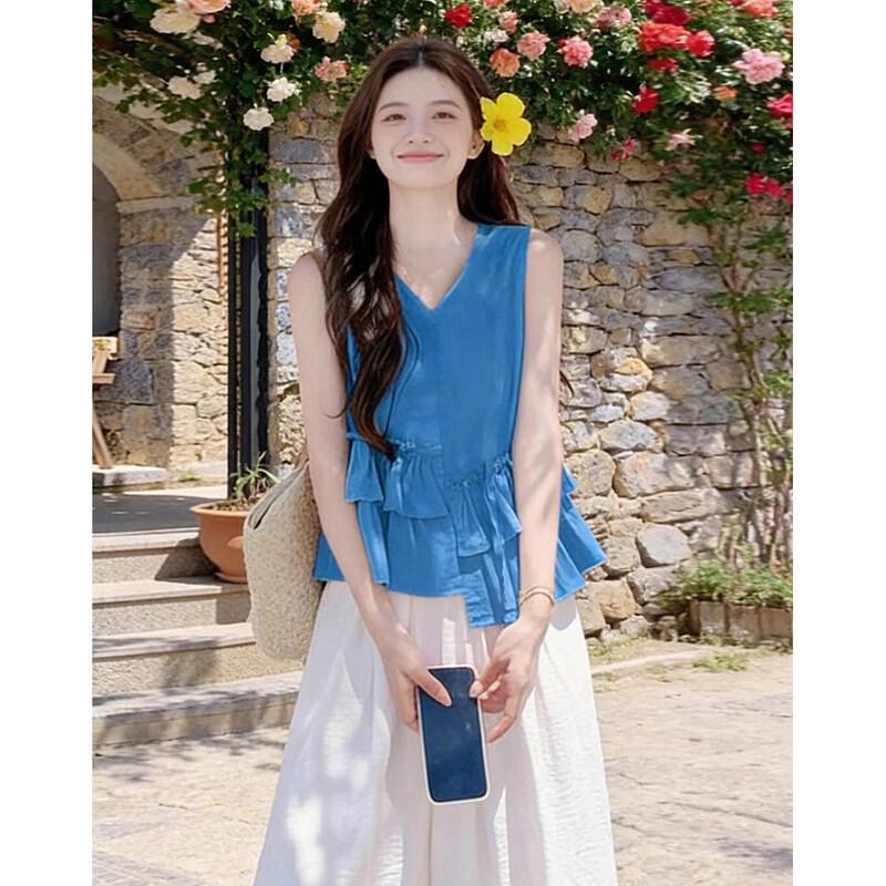Dopamine Mood Summer V-Neck Ruffle Blouse L синий