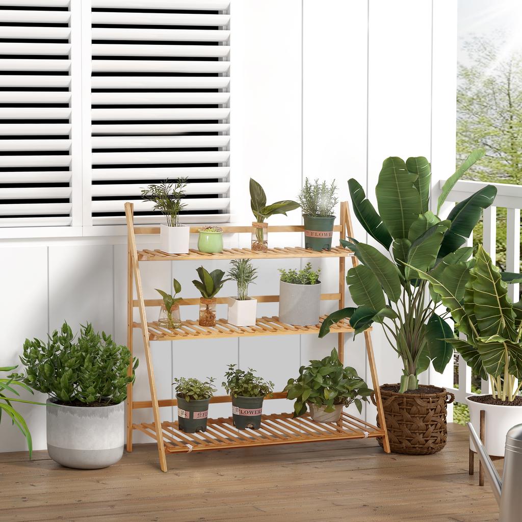 3-Tier Bamboo Outdoor Planter, Raised and Foldable Design, 100x39x97 Cm, Wood Tone