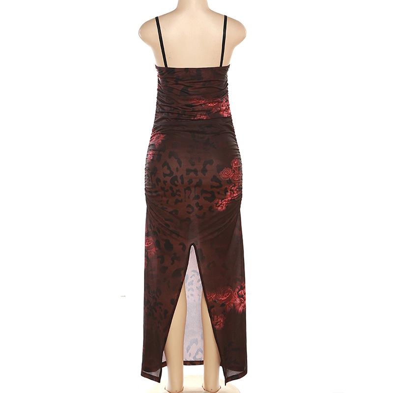Dámské módní řemínek bez rukávů s potiskem růží Dlouhé letní sexy šaty nízkého střihu