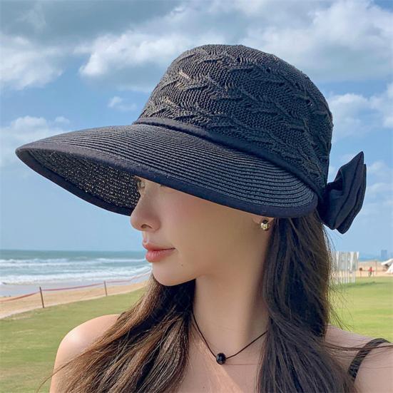 Hollow Out Round Dome Straw Hat Back Bowknot Decor Folding Wide Large Brim Pure Color Beach Hat Fashion Accessories