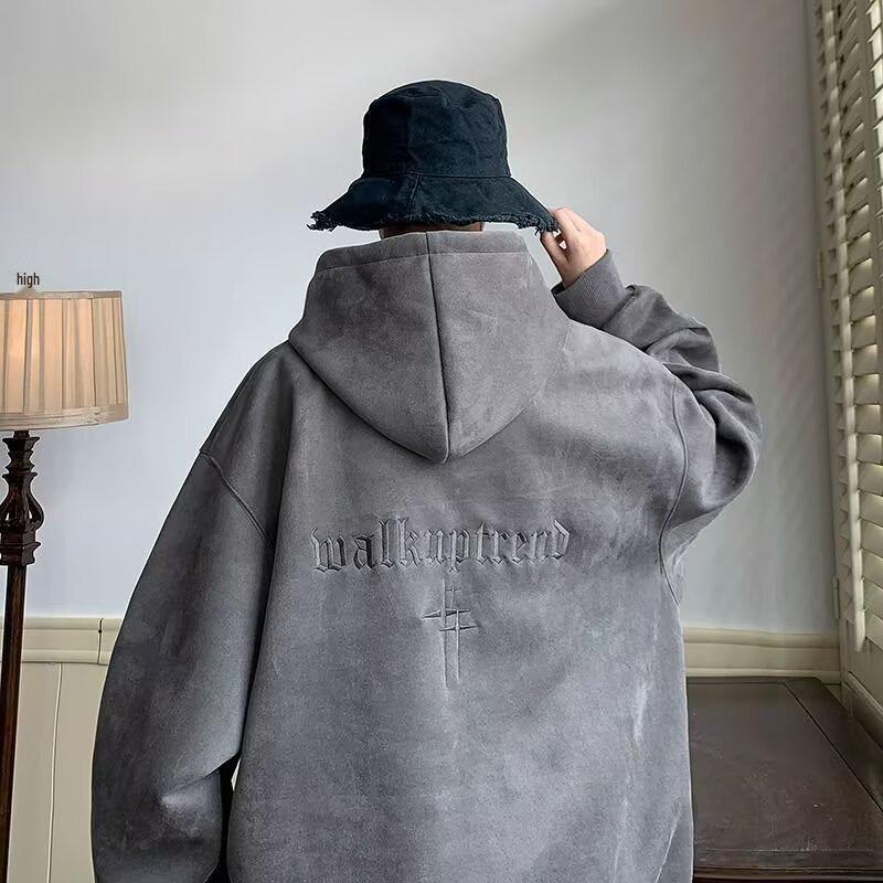 Men s Oversized Suede Hooded Sweatshirt - Trendy Casual Autumn/Winter Top L