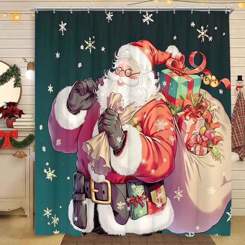 Vánoční sprchový závěs Santa Claus Vánoční strom Kočka Pes Zima Zasněžený Sněhová vločka Domov Polyesterová tkanina Koupelnová dekorace Závěsy