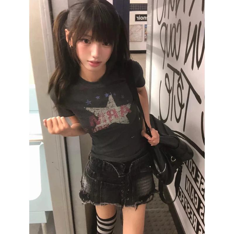 KOSY  Y2k Japanese Print T-shirt Women Slim Short Sleeve Tee American Retro Vintage Graphic Tops Fairycore Tshirts